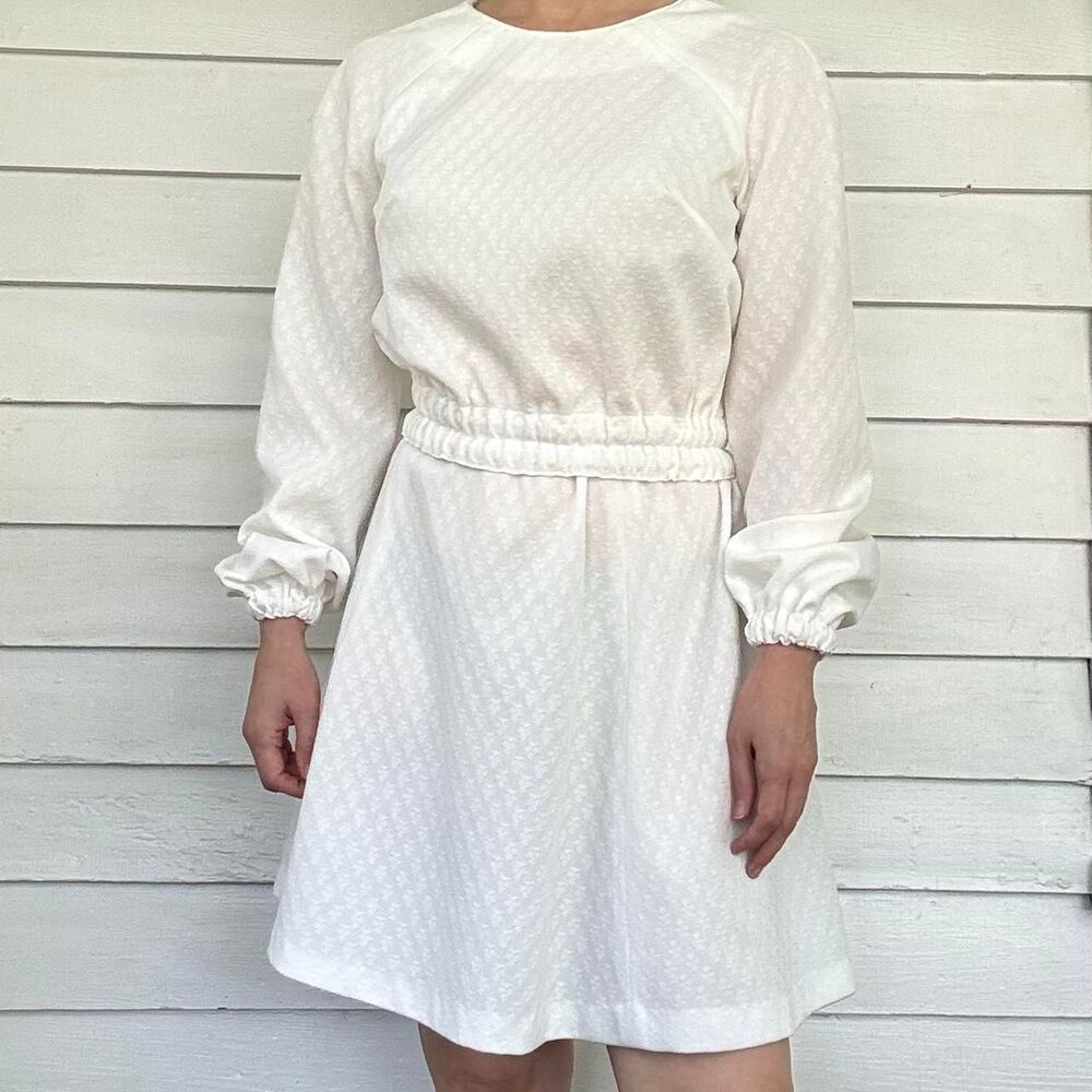 Vintage 70s White Mini Skirt and Long Sleeve Blouse S